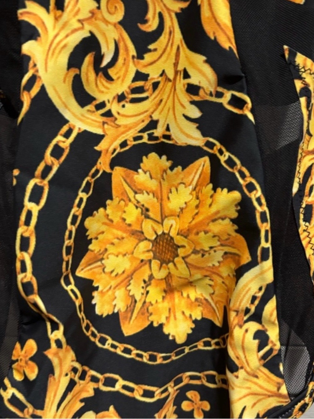Fashion Nova Black and Gold Baroque One-Piece Swimsuit - Picture 2 of 7